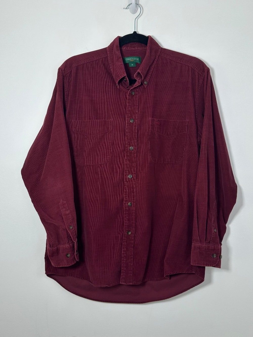 Vintage Crocodile Mens Size Medium Burgundy Corduroy Button-Up Long Sleeve Shirt